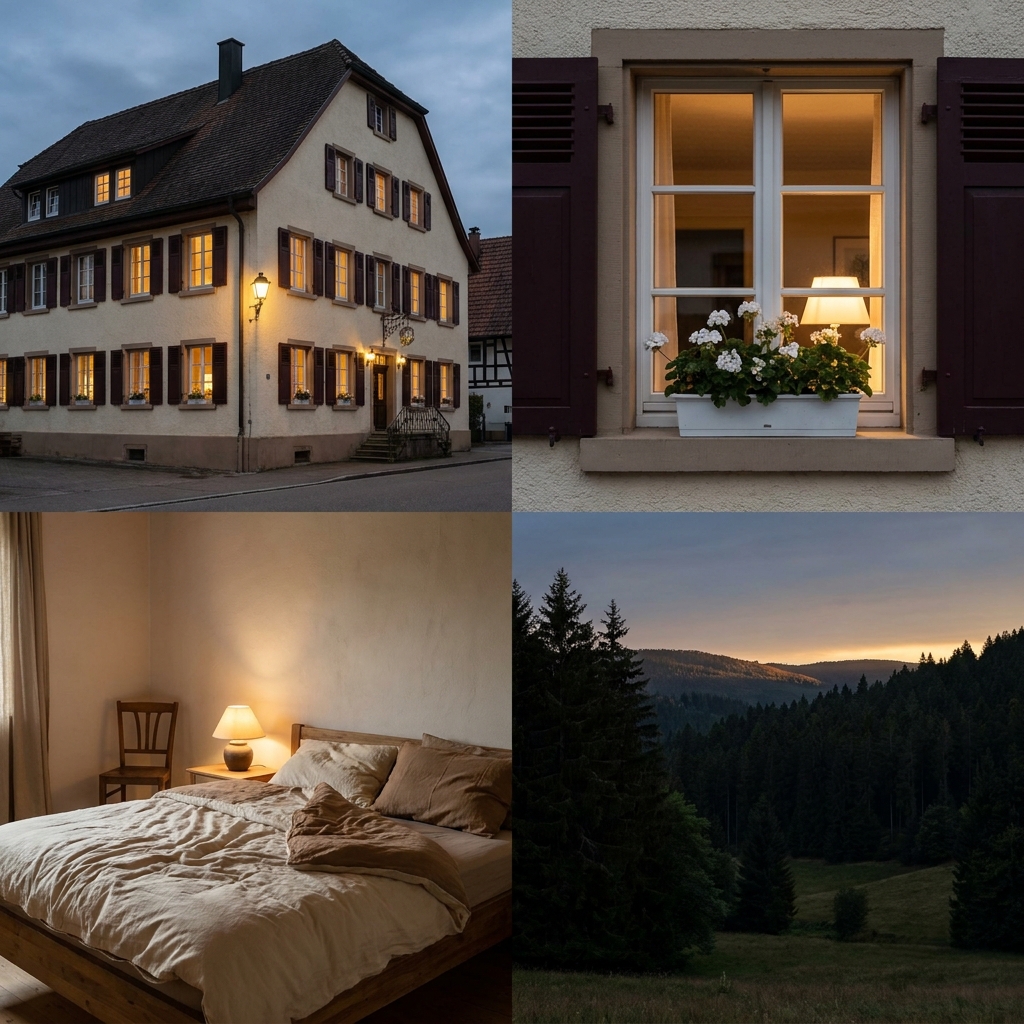 Moodboard: Gasthof in der Dämmerung, erleuchtetes Fenster mit Blumenkasten, schlichtes Gästezimmer, Schwarzwaldtal am Abend